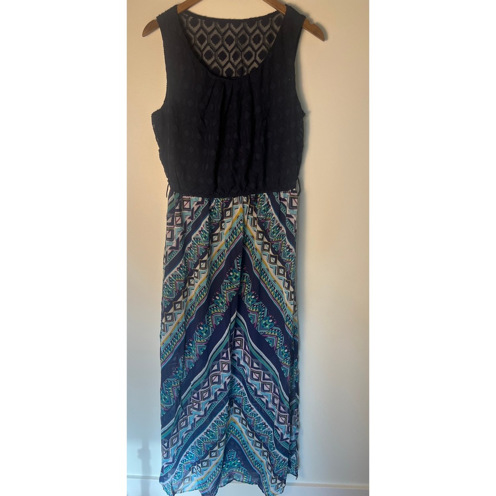 AB Studio Maxi Dress W L Navy Blue Geometric Print Sleeveless Y2K Boho Flowy 00s
